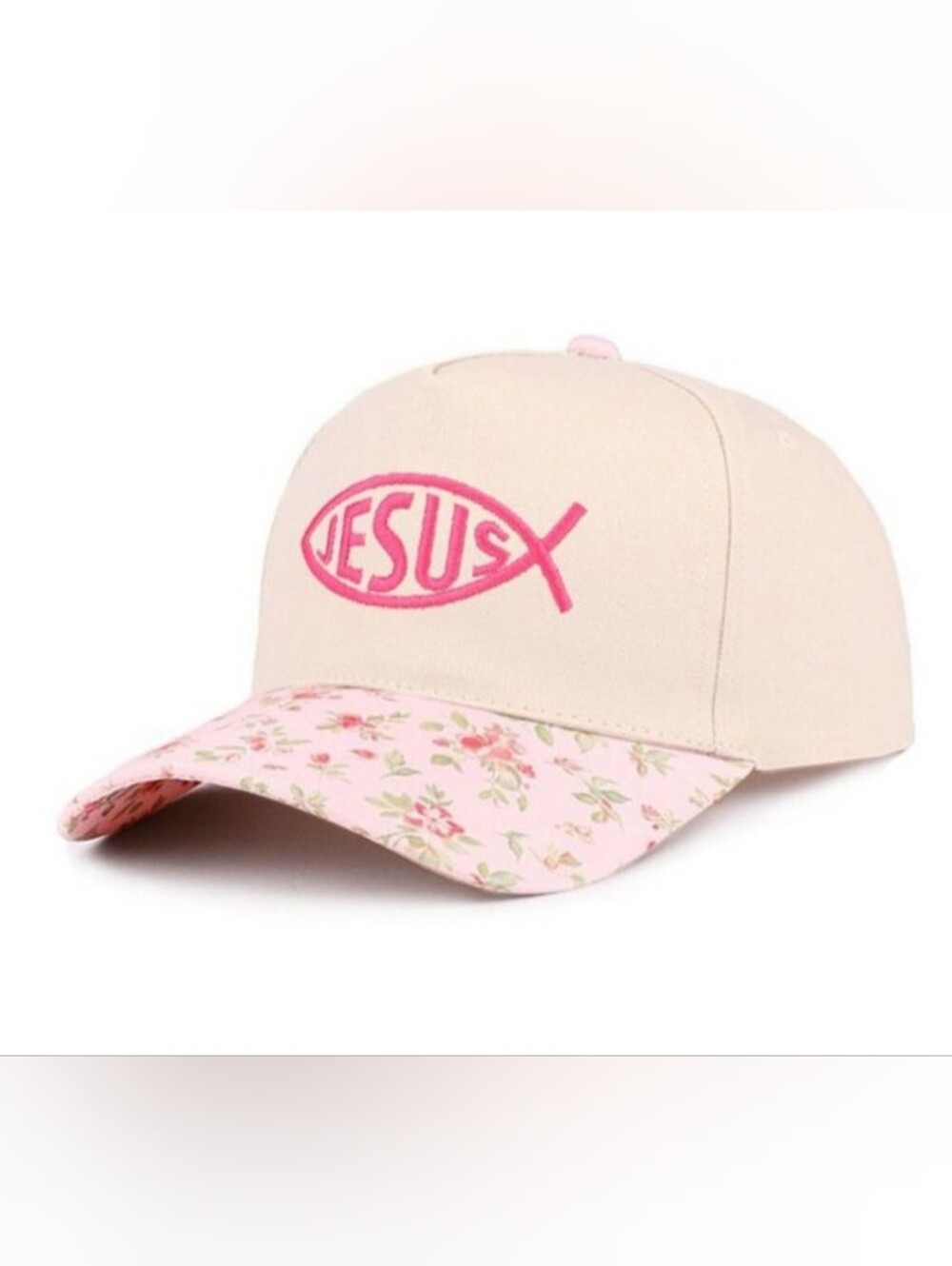 Jesus Fish Symbol Two Tone Cotton Cap Pink Floral